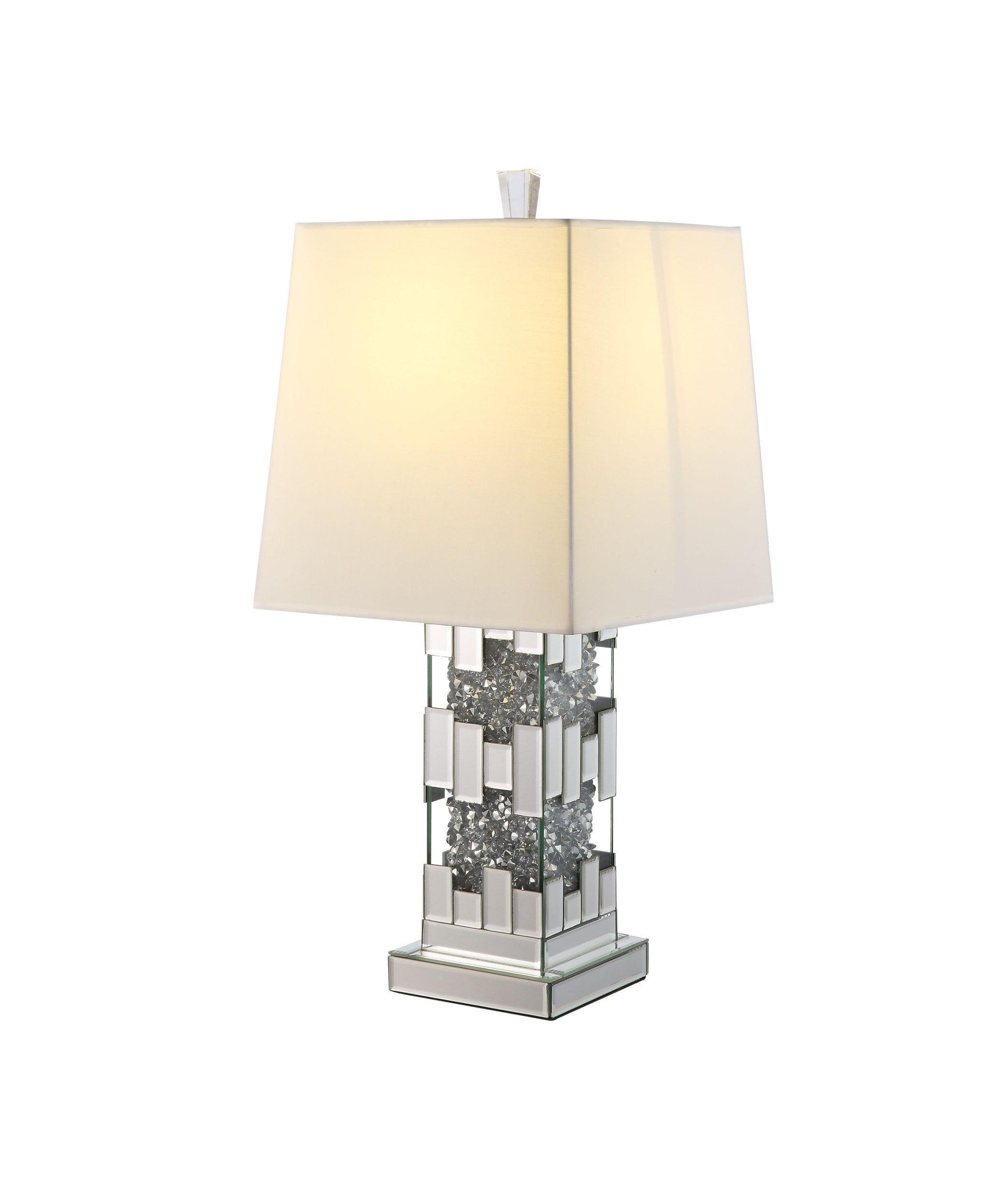 30" Mirrored Glass and Faux Crystal Geo Table Lamp With White Square Shade 