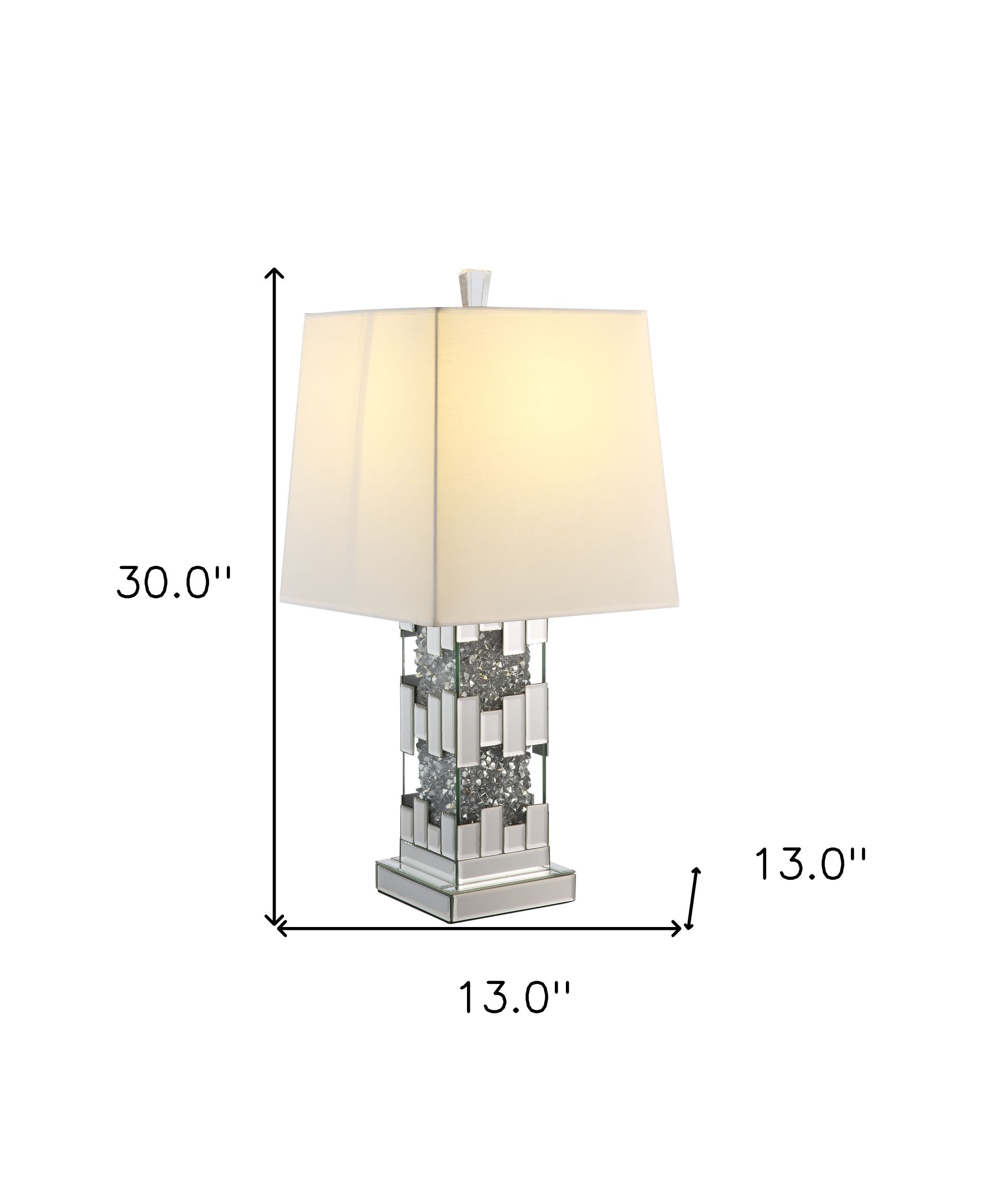 30" Mirrored Glass and Faux Crystal Geo Table Lamp With White Square Shade 