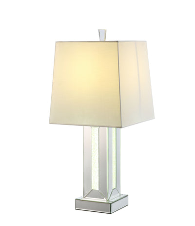 32" Mirrored Glass and Faux Crystal Table Lamp With White Square Shade 