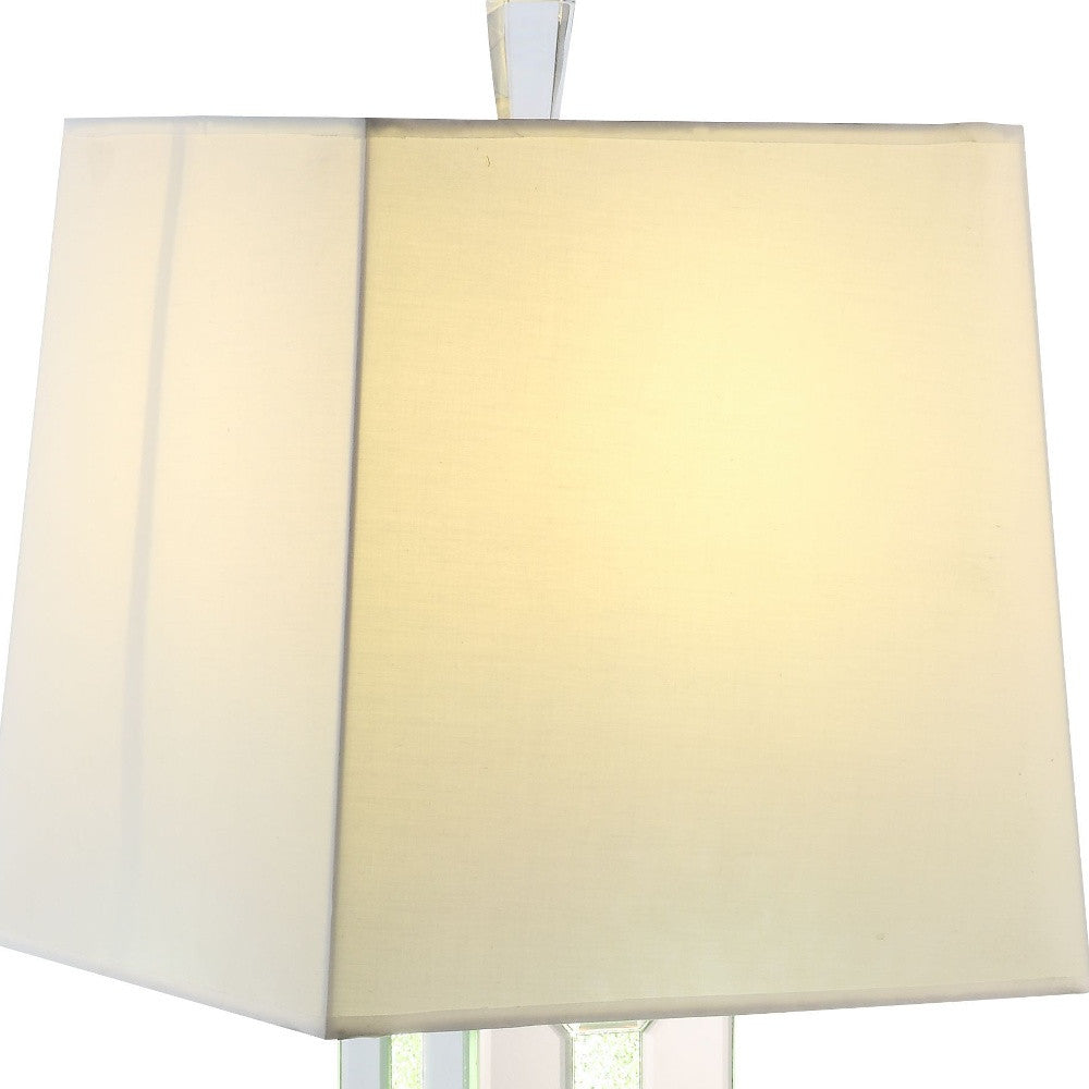 32" Mirrored Glass and Faux Crystal Table Lamp With White Square Shade