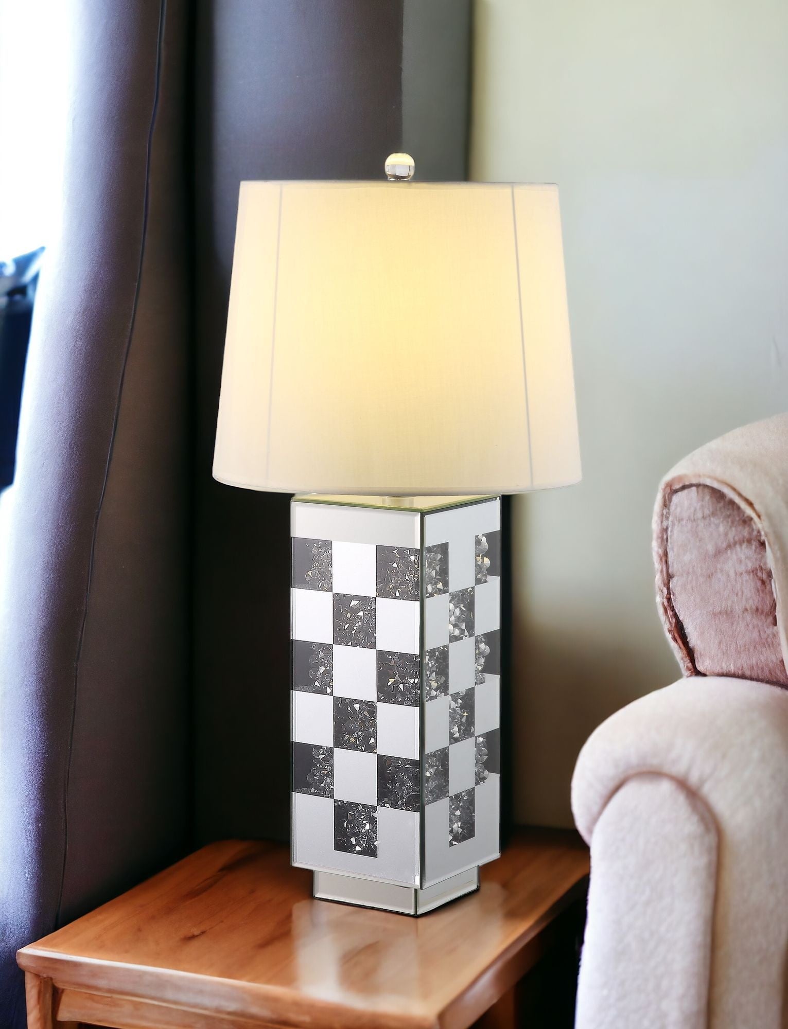 30" Black and Silver Glass Table Lamp With White Empire Shade