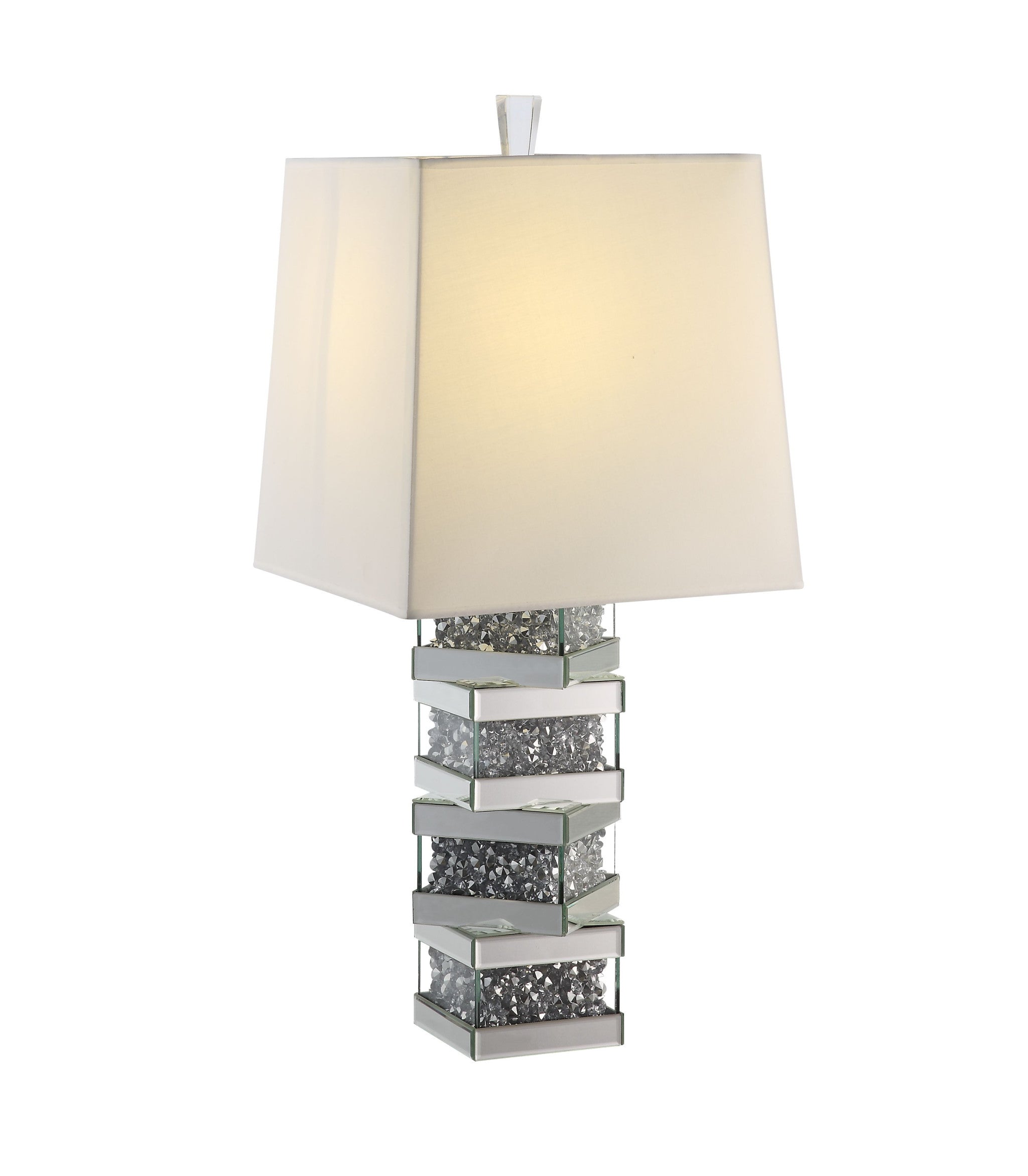 30" Clear and Mirrored Glass Faux Crystal Table Lamp With White Square Shade