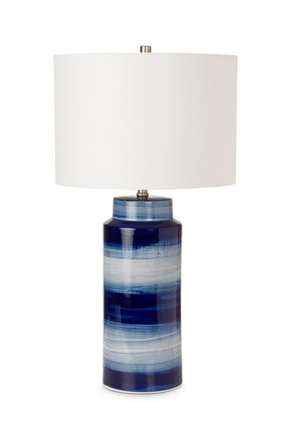Set of Two 30" Blue and White Ceramic Cylinder Table Lamps With White Drum Shade 