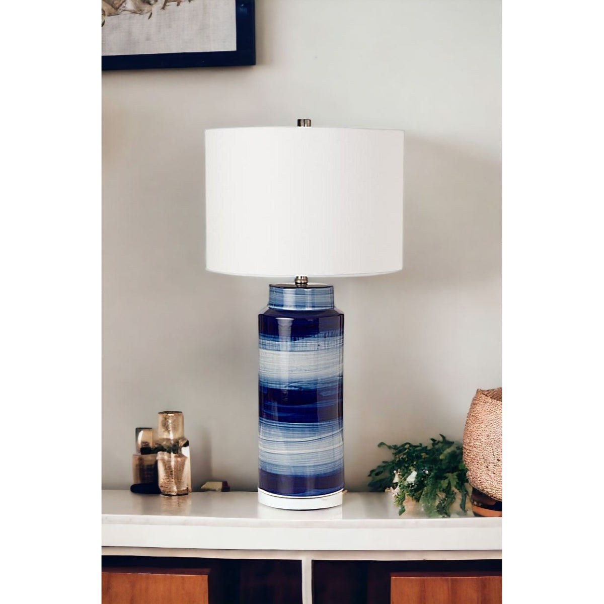 Set of Two 30" Blue and White Ceramic Cylinder Table Lamps With White Drum Shade