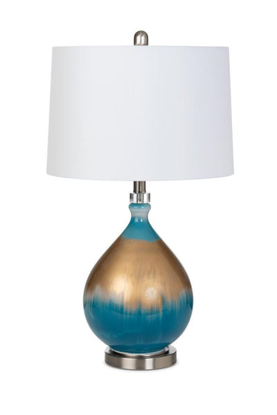 Set Of Two 27" Gold Blue And Silver Glass Table Lamps With White Empire Shade 