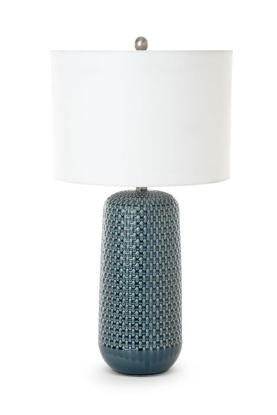 Set of Two 30" Blue Ceramic Geometric Table Lamps With White Drum Shade 