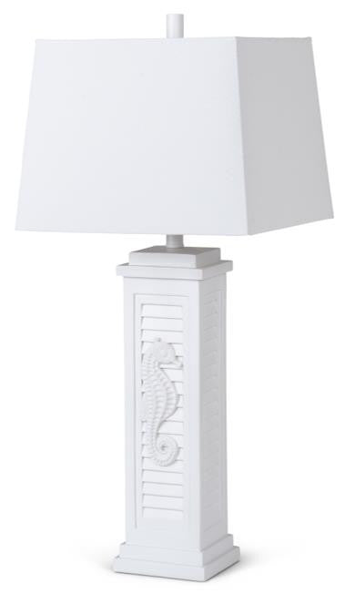 Set Of Two 32" White Seahorse Shutter USB Table Lamps With White Square Shades 