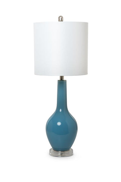 Set Of Two 34" Light Blue And Silver Glass Table Lamps With White Drum Shade 