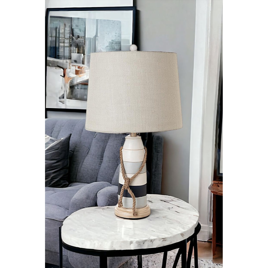 Set Of Two 27" Off White And Brown Table Lamps With Grey Empire Shade