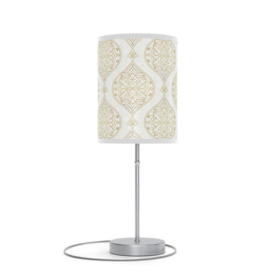 20" Silver Table Lamp With Gold And White Filigree Scroll Cylinder Shade 