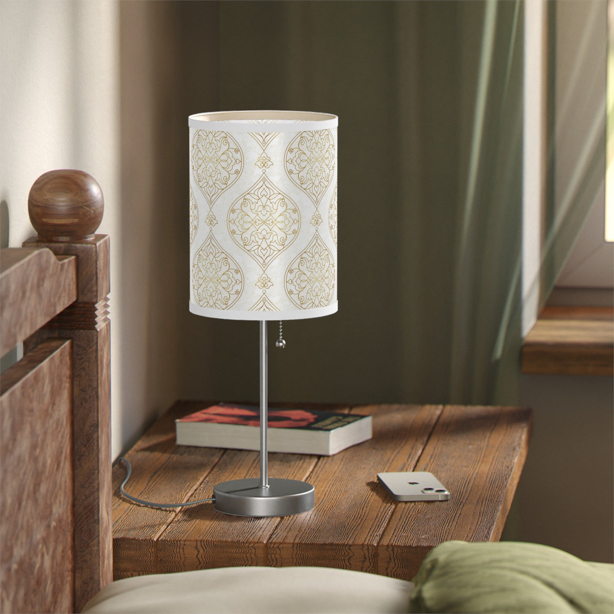 20" Silver Table Lamp With Gold And White Filigree Scroll Cylinder Shade