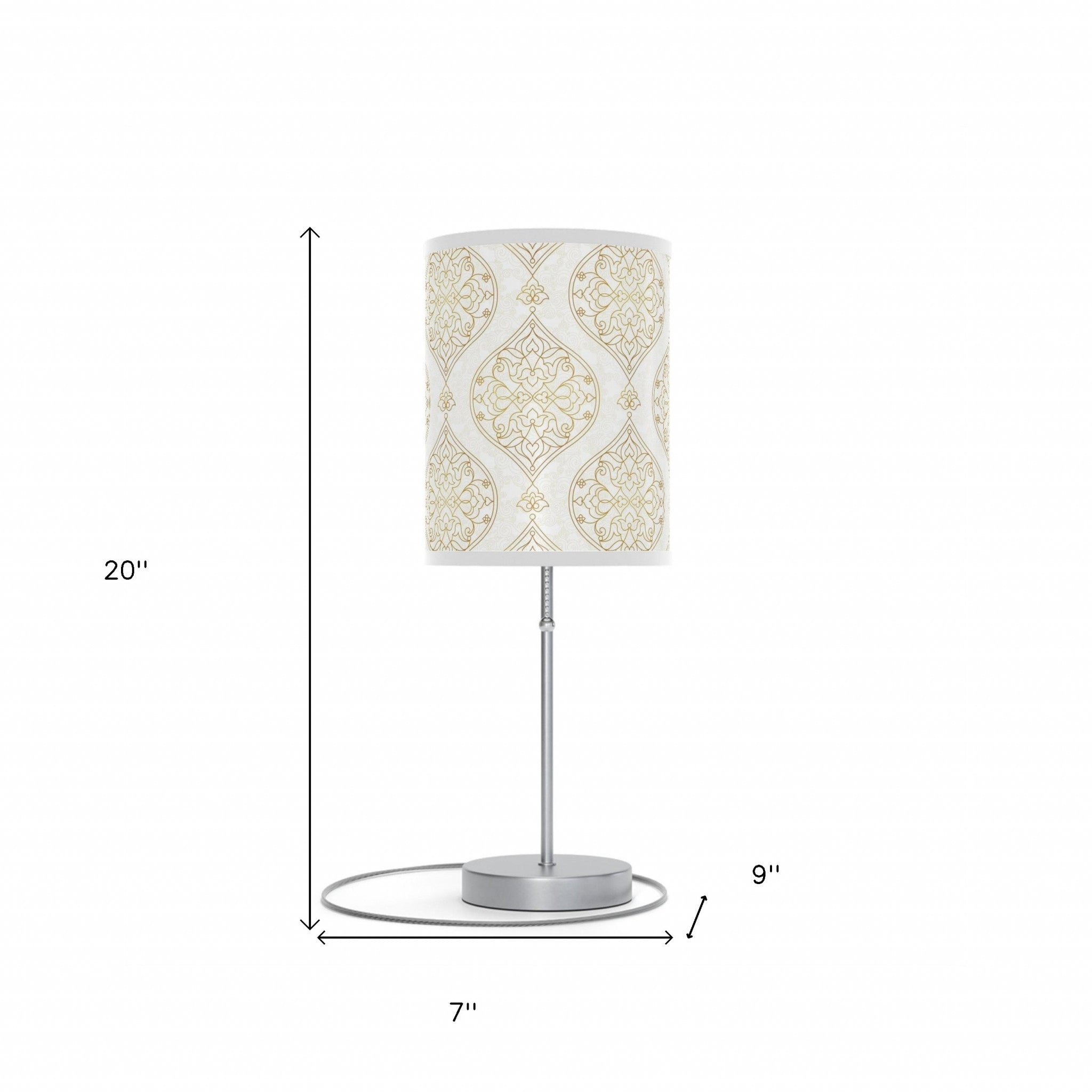 20" Silver Table Lamp With Gold And White Filigree Scroll Cylinder Shade