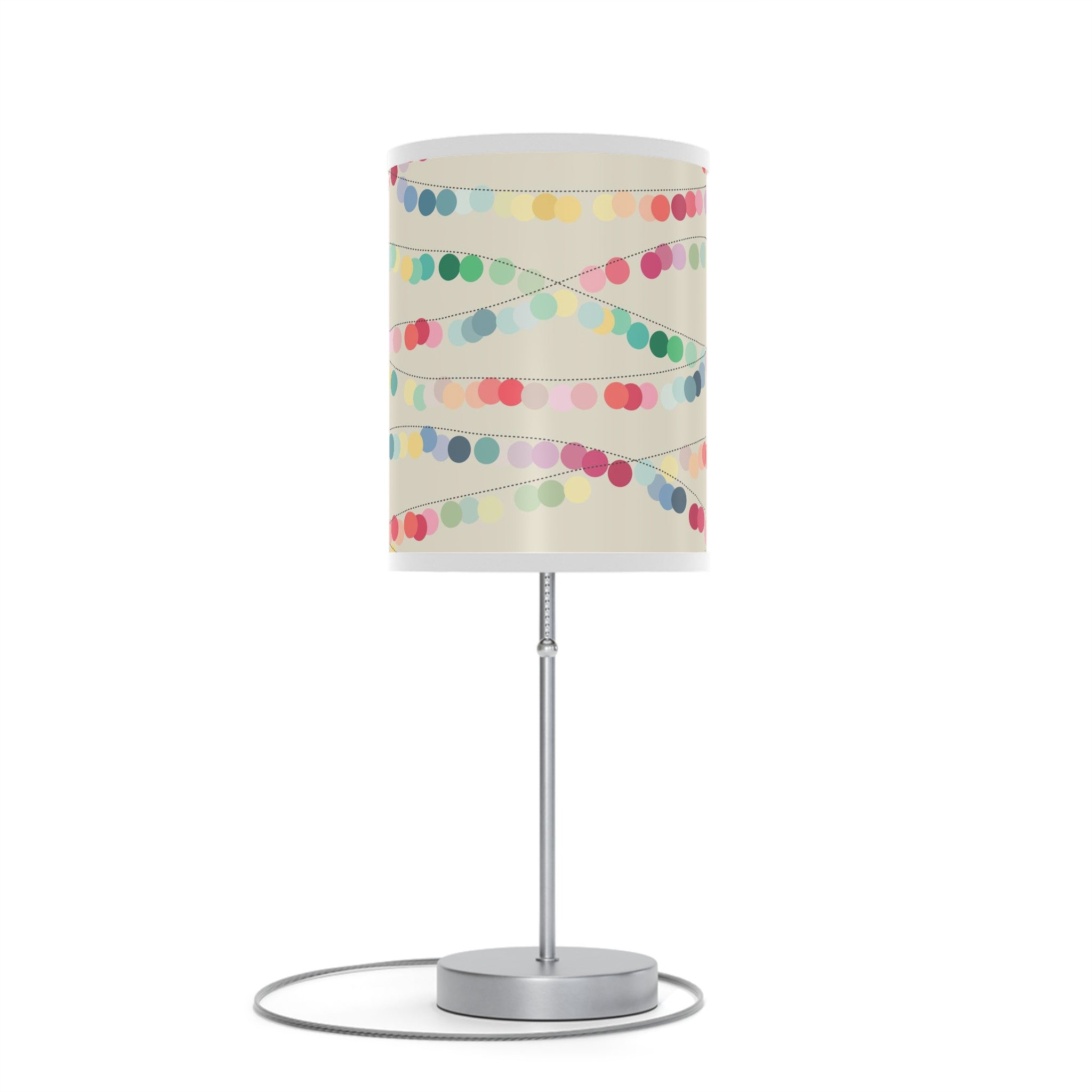 20" Silver Table Lamp With Off White And Festive Multi Color Cylinder Shade