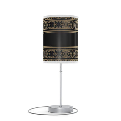 20" Silver Table Lamp With Black And Gold Striped Scroll Cylinder Shade 