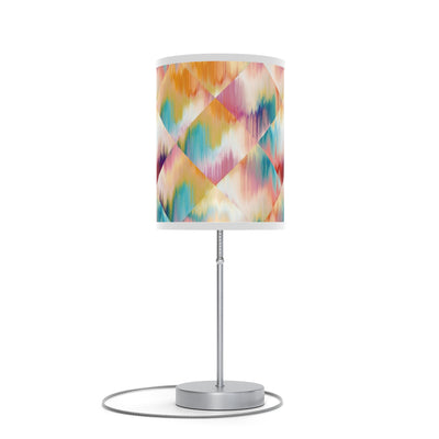 20" Silver Table Lamp With White And Colorful Abstract Ikat Cylinder Shade 