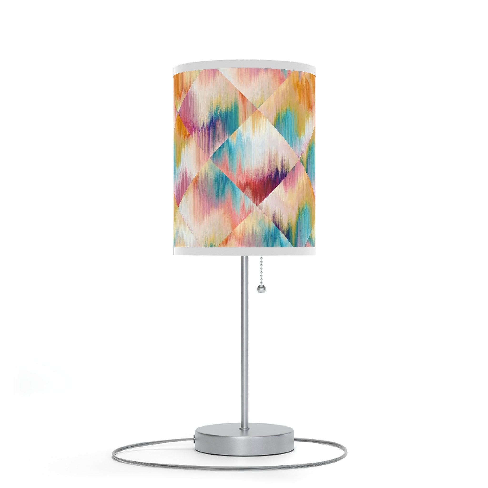 20" Silver Table Lamp With White And Colorful Abstract Ikat Cylinder Shade 