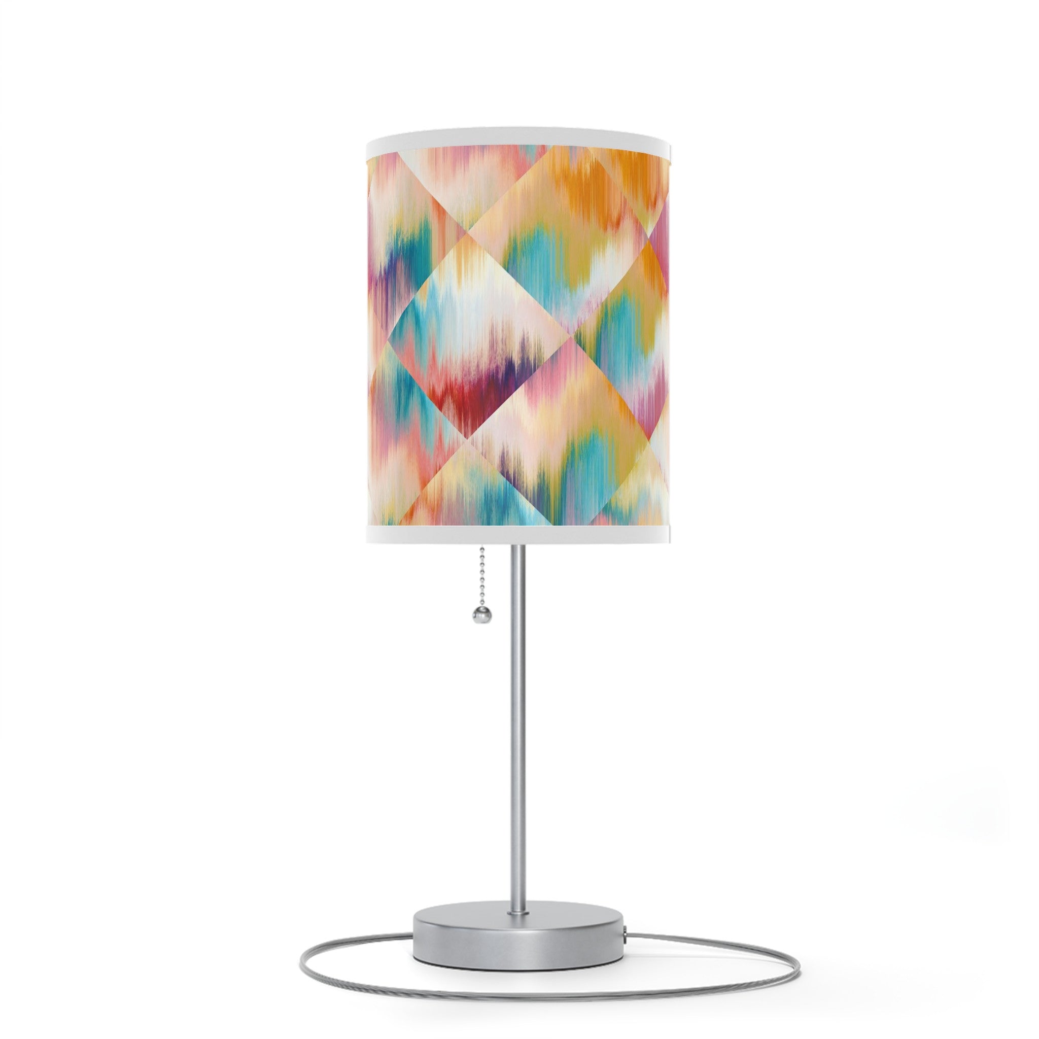 20" Silver Table Lamp With White And Colorful Abstract Ikat Cylinder Shade 