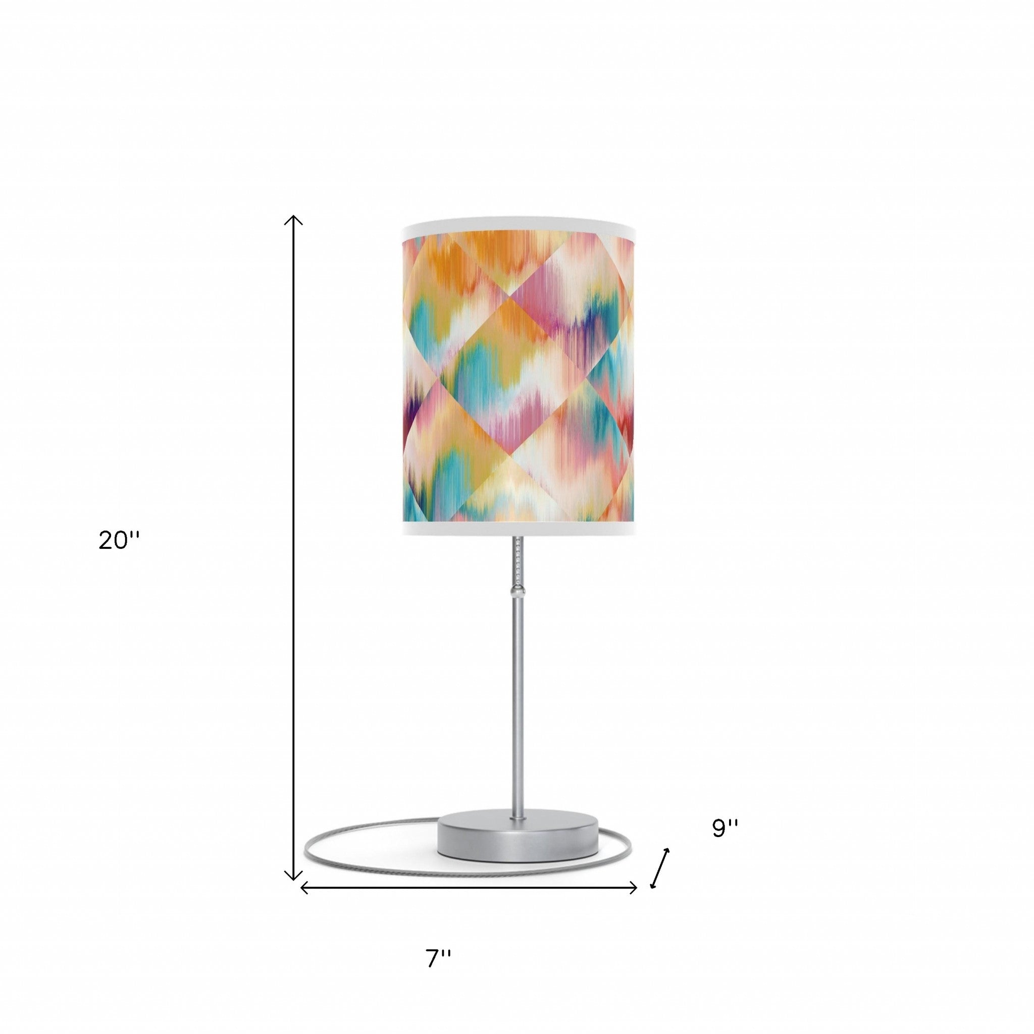 20" Silver Table Lamp With White And Colorful Abstract Ikat Cylinder Shade 