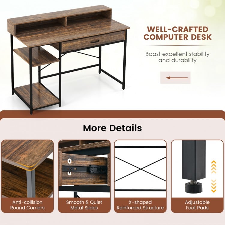 48 Inch Computer Desk with Monitor Stand Drawer and Shelves-Rustic Brown