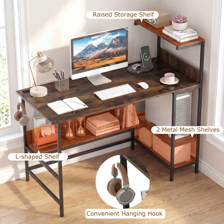 48 Inch Computer Desk with Power Outlets and Storage Shelves-Rustic Brown