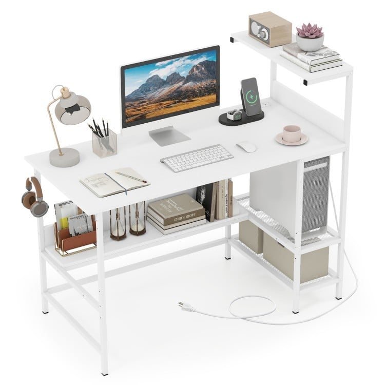 48 Inch Computer Desk with Power Outlets and Storage Shelves-White