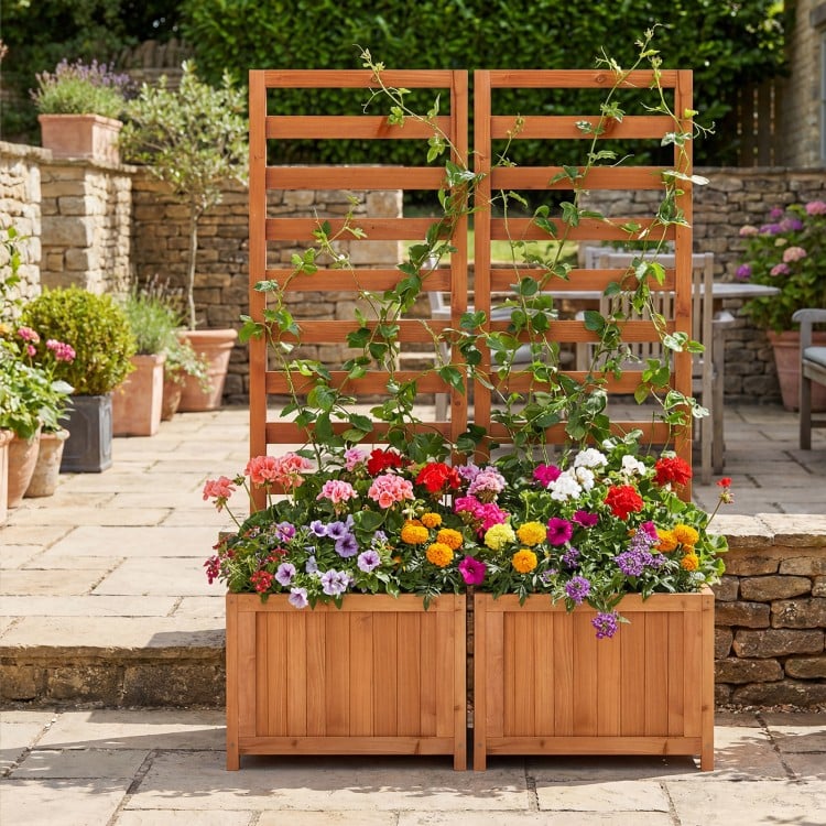 48 Inch Wood Raised Garden Bed with Trellis with Drainage Holes-Natural