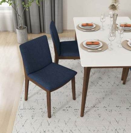 Laura Blue Linen Solid Wood Dining Chair  Set Of 2 Mid-Century Modern Style 