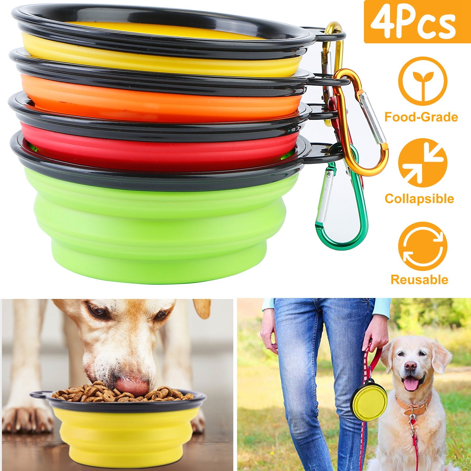 4Pcs Silicone Collapsible Dog Bowls BPA Free Travel Dog Bowl Foldable Cat Dog Food Water Bowl w/ Carabiner Clip For Traveling Walking Hiking