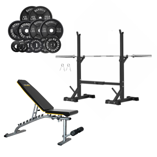 Squat Rack, Bench, Barbell & Weight Plates Stack 