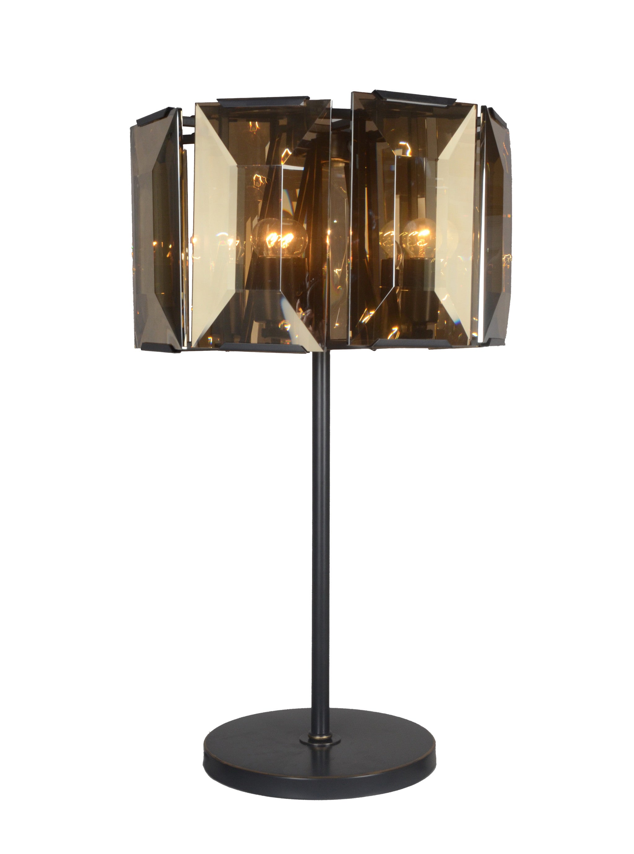 30" Bronze Metal Four Light Cylinder Bedside Table Lamp With Amber Round Shade 