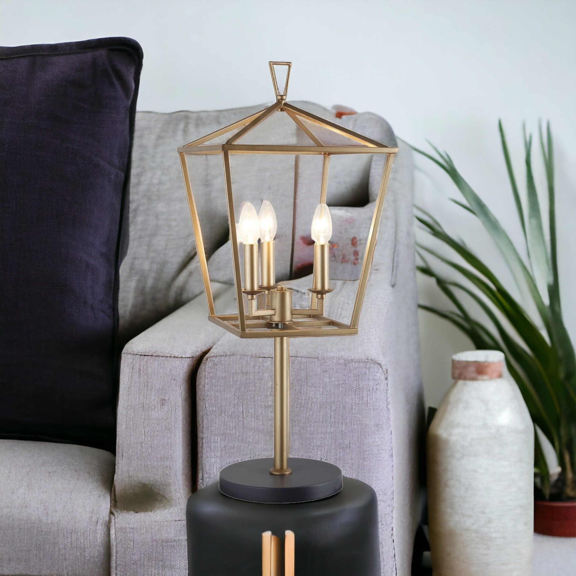 30" Black Iron Three Light Bedside Table Lamp 