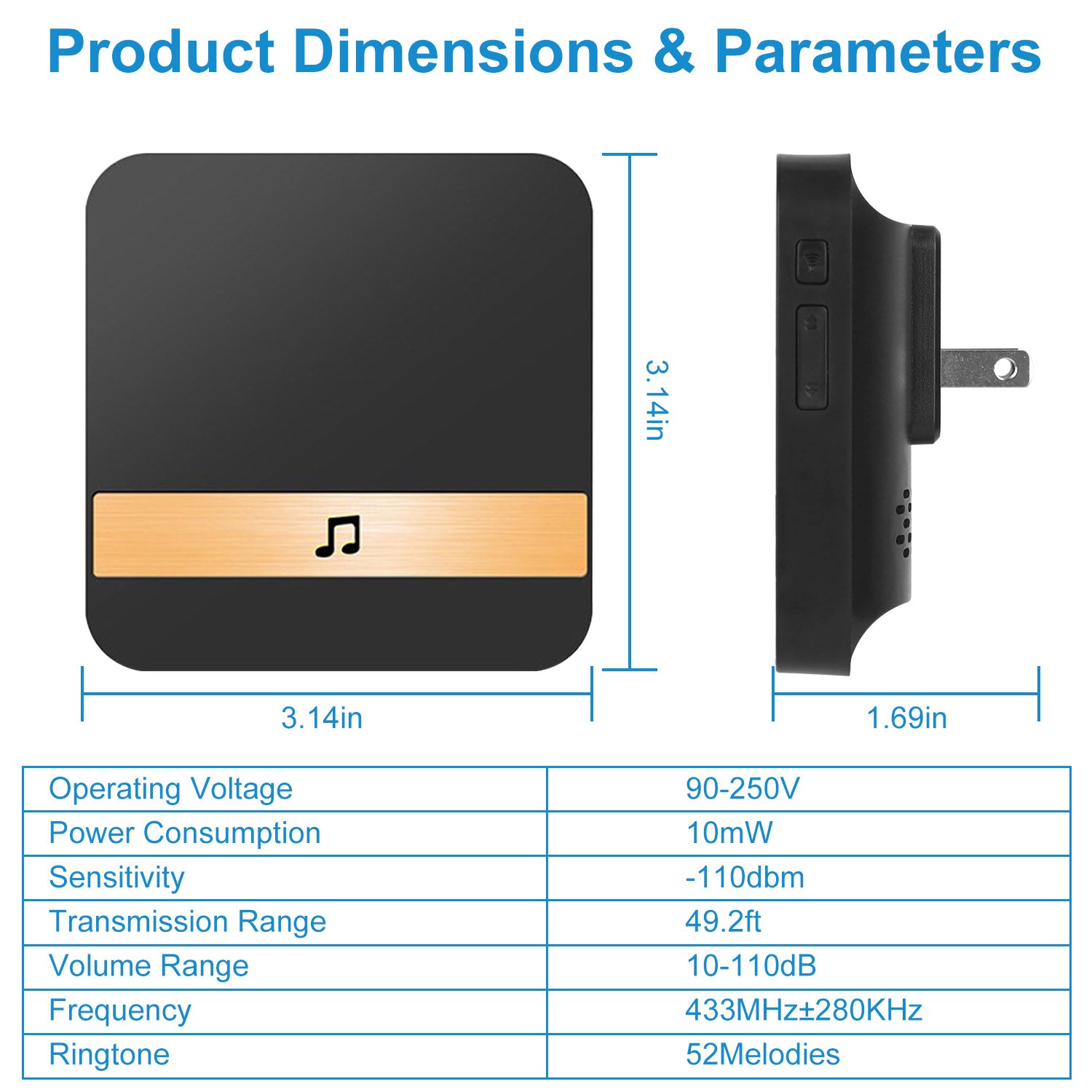 Plug In Chime Receiver Dingdong Entry Door Alarm Bell 433MHz 90-250V Doorbell with Volume 52 Melody Adjustments