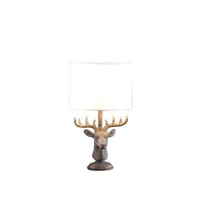 18" Antiqued Bronzed Stag Bust Table Lamp With White Drum Shade 