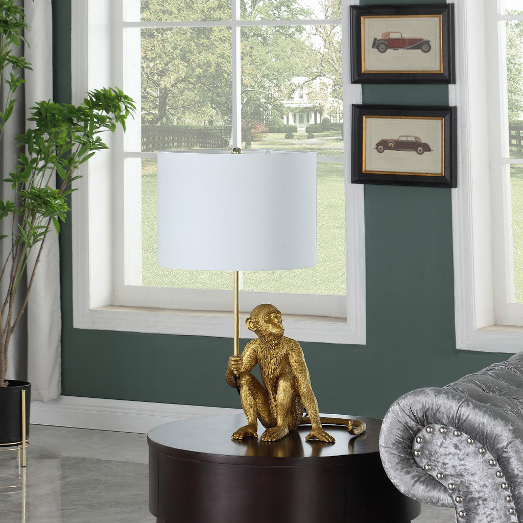 26" Antiqued Gold Sitting Monkey Table Lamp With White 