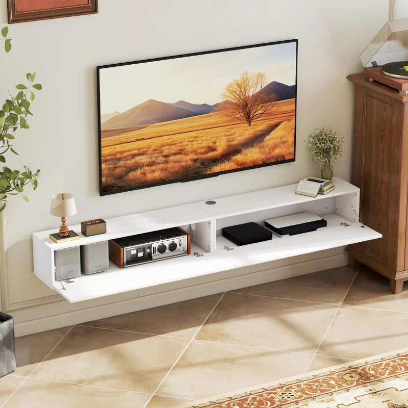 71" Floating TV Stand for TVs up to 72 Inch, Wall Mount Media Console with 2 Fluted Flip-Down Doors, Cable Hole, White