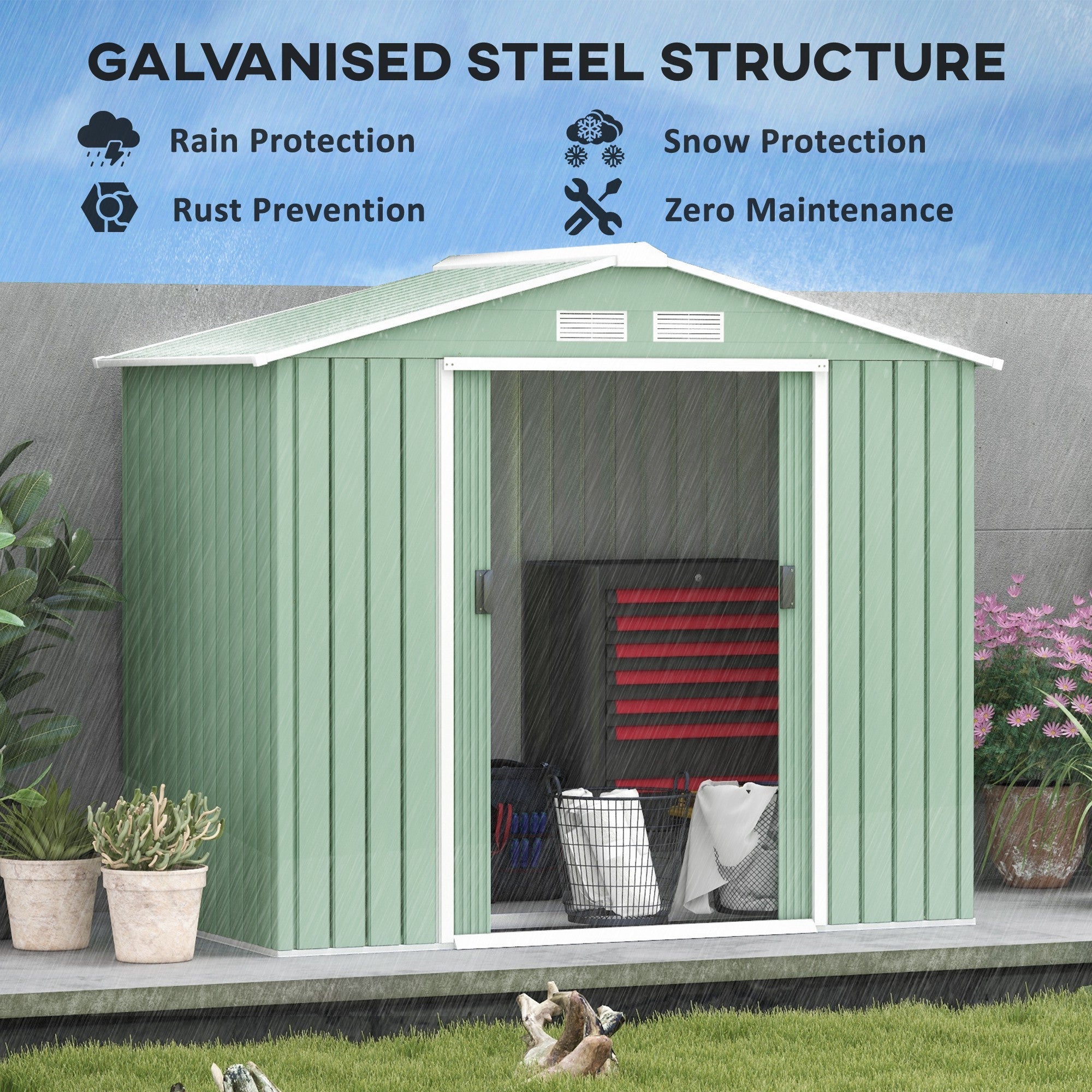 Outsunny 7' x 4' x 6' Garden Storage Shed Outdoor Patio Metal Tool Storage House w/ Foundation Kit and Double Doors Light Green 