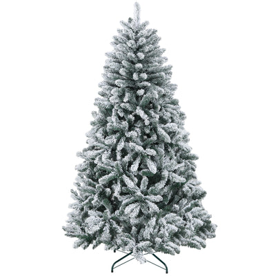 HOMCOM 6 Foot Artificial Flocked Christmas Tree with Snow, Metal Stand, Hinged Xmas Tree for Home Office Holiday 
