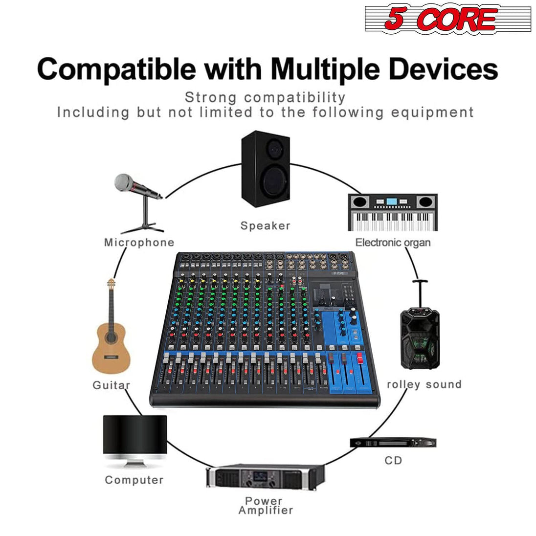 5Core Audio DJ Mixer 16 Channel Sound Board Console w 24 SPX Effect 48V Phantom Power