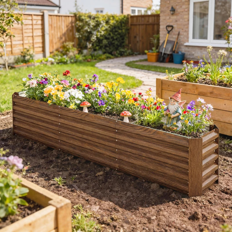 8 x 1.3 x 1.5ft Galvanized Raised Garden Bed, Reinforced Outdoor Planter Box with Open Bottom, Brown Wood Effect