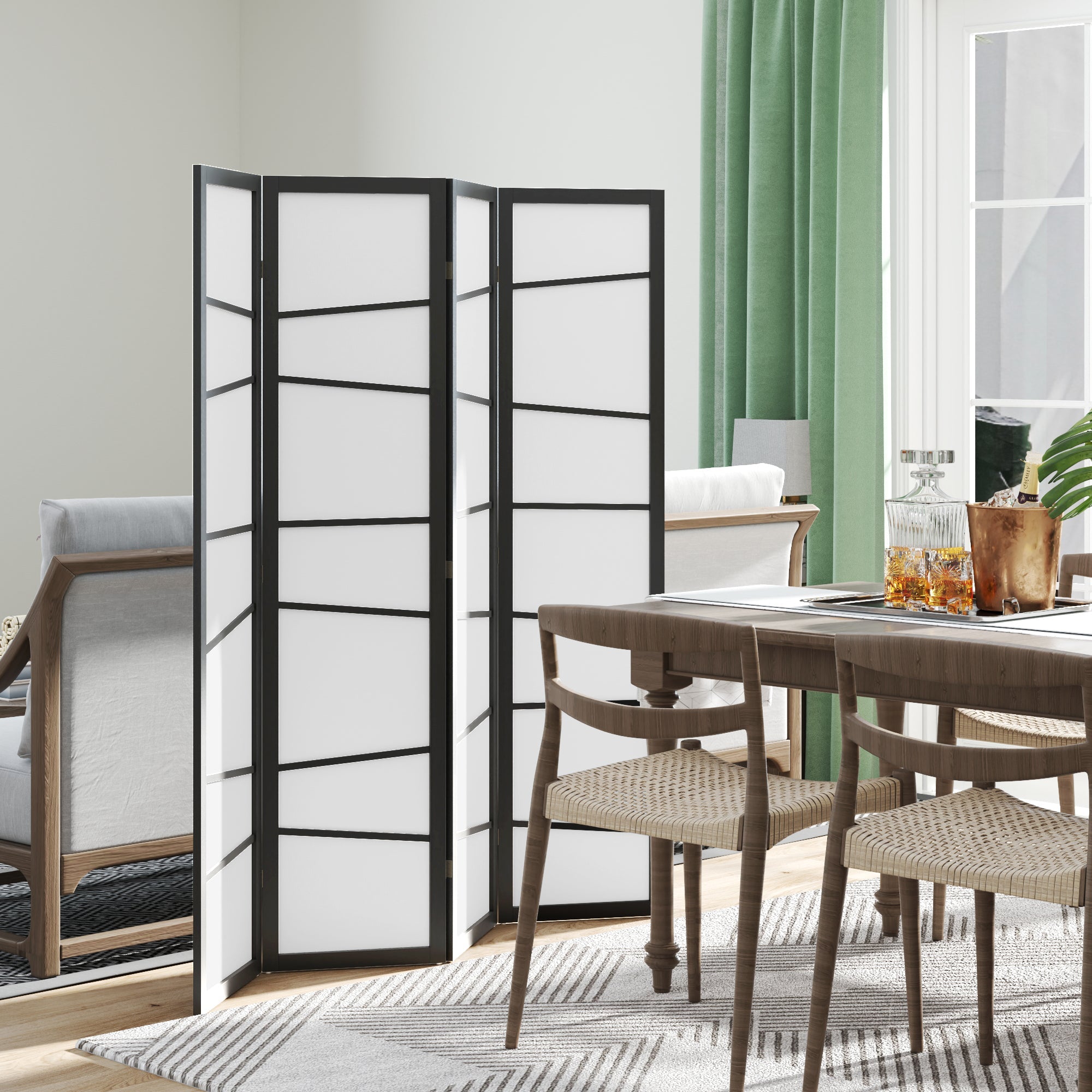 HOMCOM 5.6ft Folding Room Divider, 4 Panel Wall Partition with Wood Frame for Bedroom, Home Office, White 