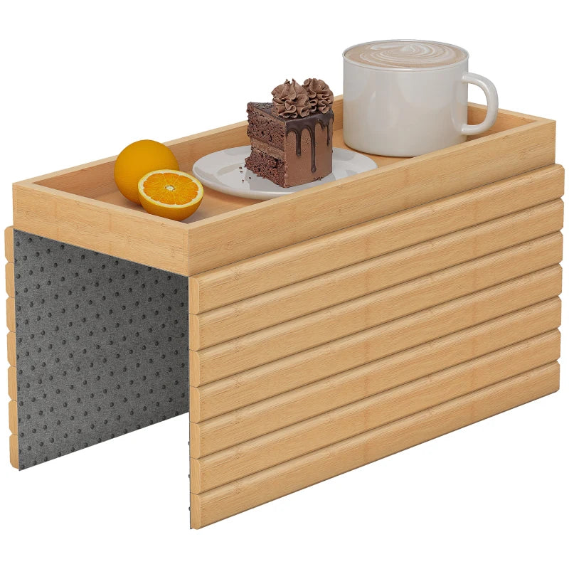 Bamboo Couch Arm Tray, Sofa Armrest Tray with Flexible Roll-up Design and Wide Compartment, Natural