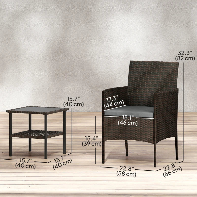 Wicker Bistro Set, 3 Piece Patio Furniture Set with 2-Tier Glass Top Table, Cushions for Balcony, Porch, Dark Grey