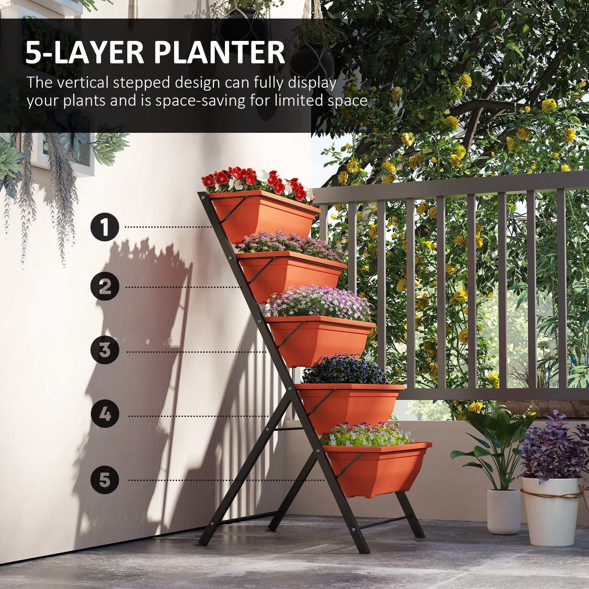 Outsunny 5-Tier Raised Garden Bed Plant Stand Flower Pots with Leaking Holes Red 