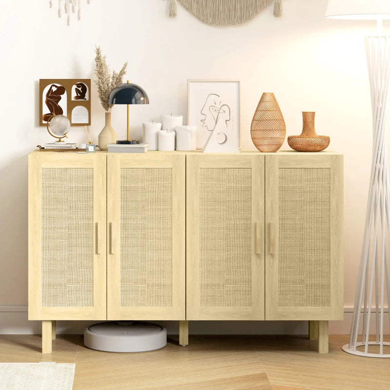 Boho Sideboard Buffet Cabinet, Storage Cabinet with 4 Rattan Doors and Adjustable Shelves, Natural