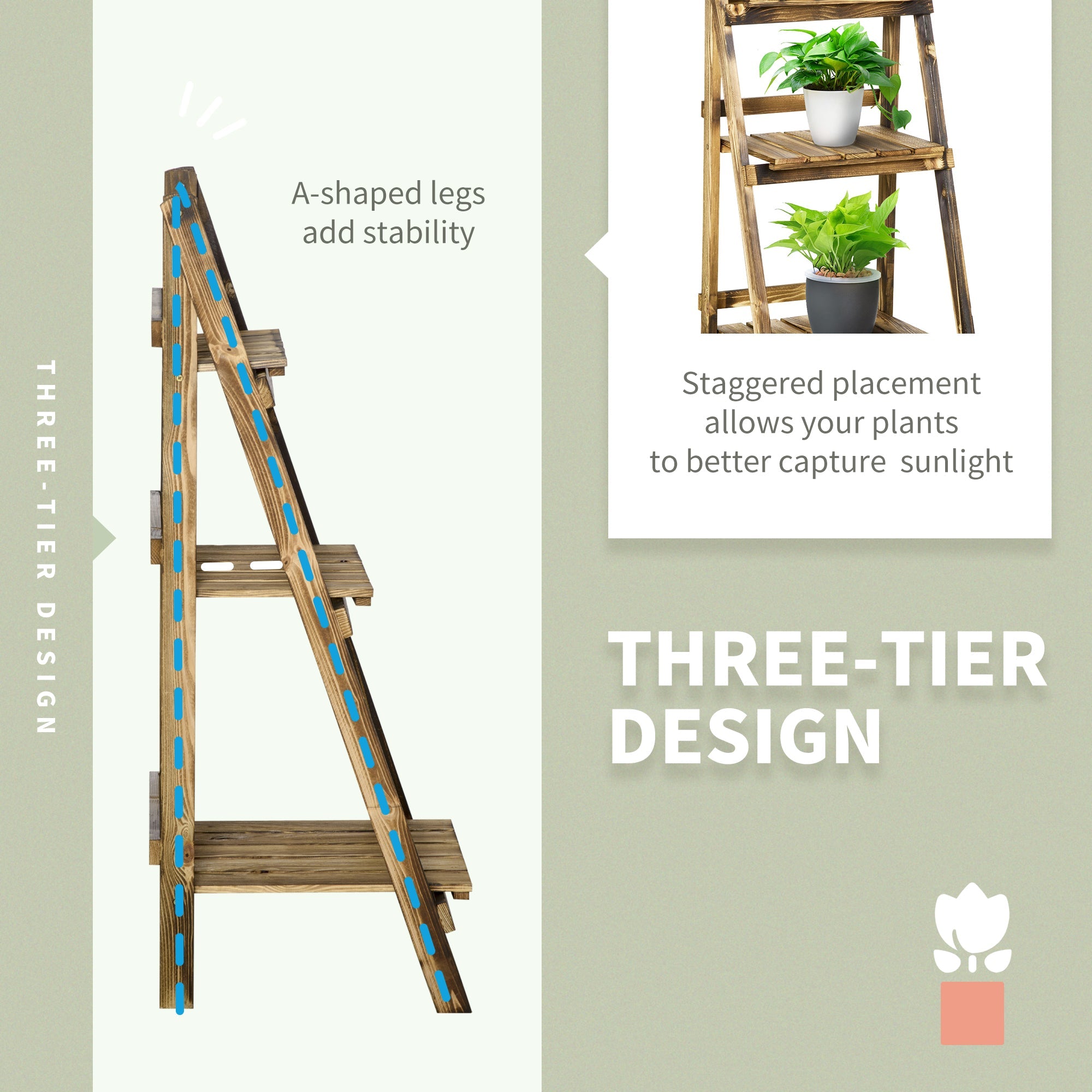 Outsunny Outdoor Plant Stand, Foldable Flower Stand 3-Tier Wooden Plant Shelf for Garden Indoor Outdoor, 16" x 15" x 37'' 