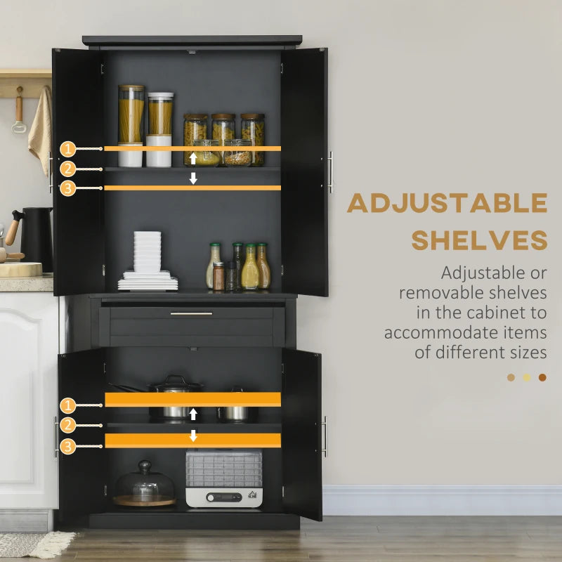 72" Kitchen Pantry Cabinet, Freestanding Storage Cabinet, 4-Door Cabinet with Drawer and Adjustable Shelves, Black