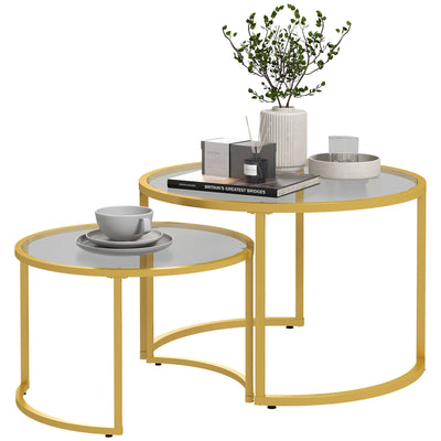 Homcom Gold Round Nesting Tables: Set of 2 with Tempered Glass Top & Steel Frame for Modern Living Room 