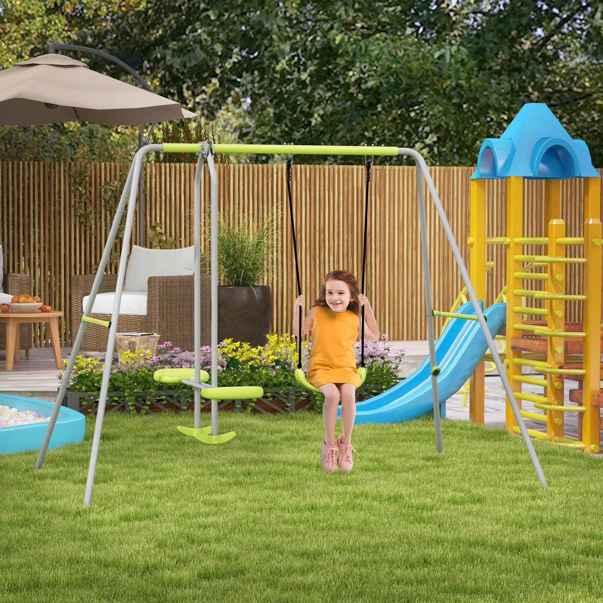Outsunny Swing Set for Kids, Heavy Duty A-Frame Metal Swing Frame with Glider, Swing Seat, Ground Stakes for Backyard, Green 