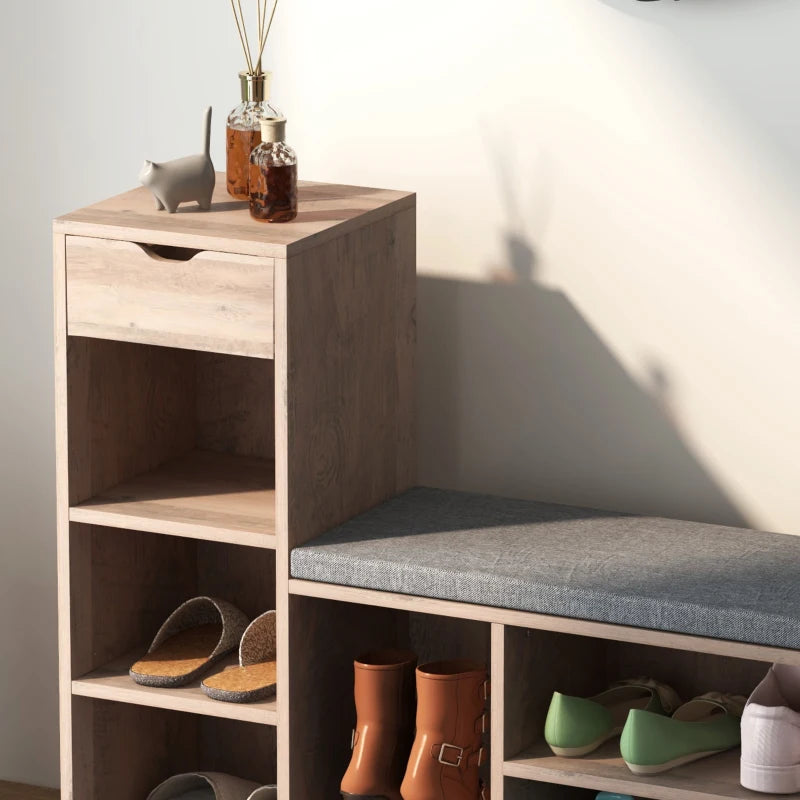 Upholstered Shoe Storage Bench w/ Seat, Entrance Bench w/ Drawer and 6 Open Shelves for Hallway, Grey