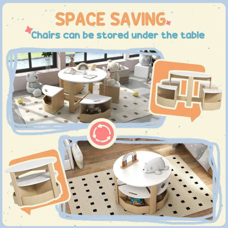 Qaba 5 Piece Kids Table and Chair Set with Storage for Kids Room, White